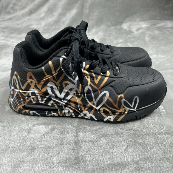 Skechers Shoes Women's 9 JGoldcrown Metallic Love Black Gold Slip Resistant - Picture 3 of 11